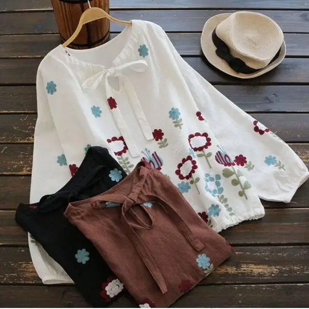 Iterature белые рубашки женские бант Круглый Вырез Свободный Топ Цветочная вышивка