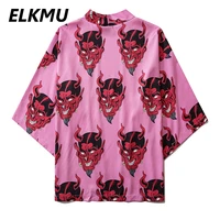 elkmu harajuku japanese kimono men devil print cardigan shirts jackets streetwear hip hop hip hop pink jacket tops male he149
