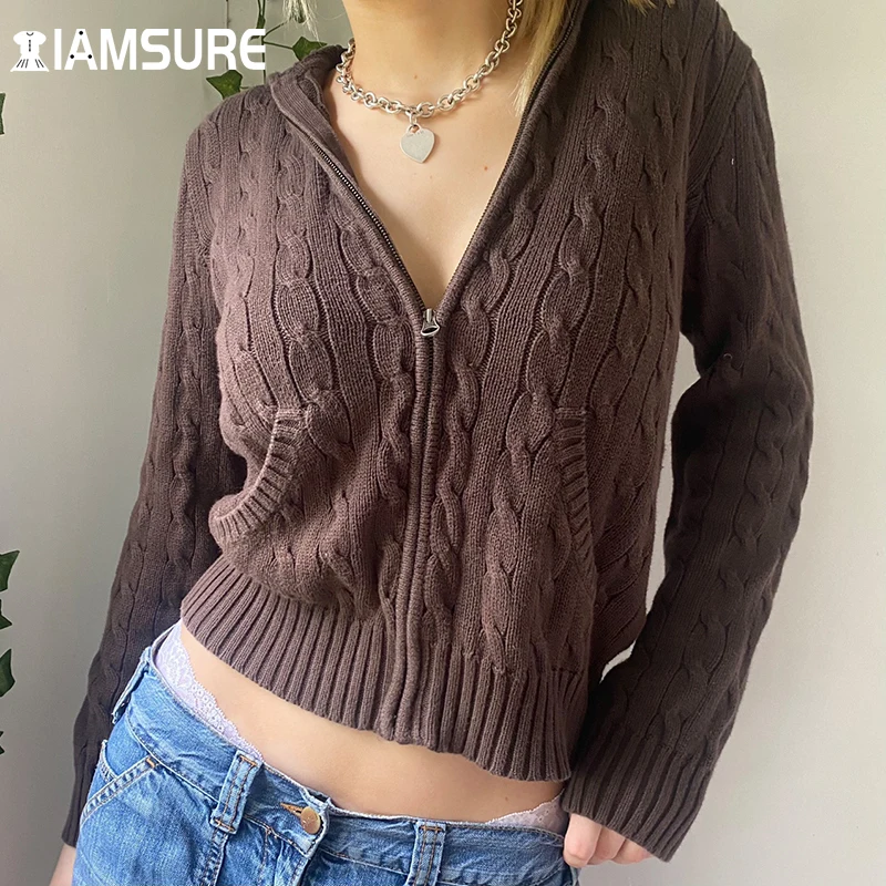 

Вязаные кардиганы с капюшоном IAMSURE, осенне-зимние повседневные однотонные свитера, базовые карманы, на молнии, с длинным рукавом, укороченны...