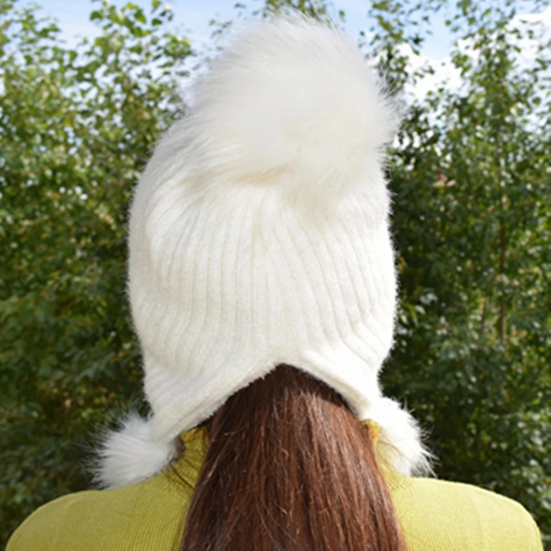 Горячая шапка женская зимняя вязаная Мех кролика зимние шапки с меховой