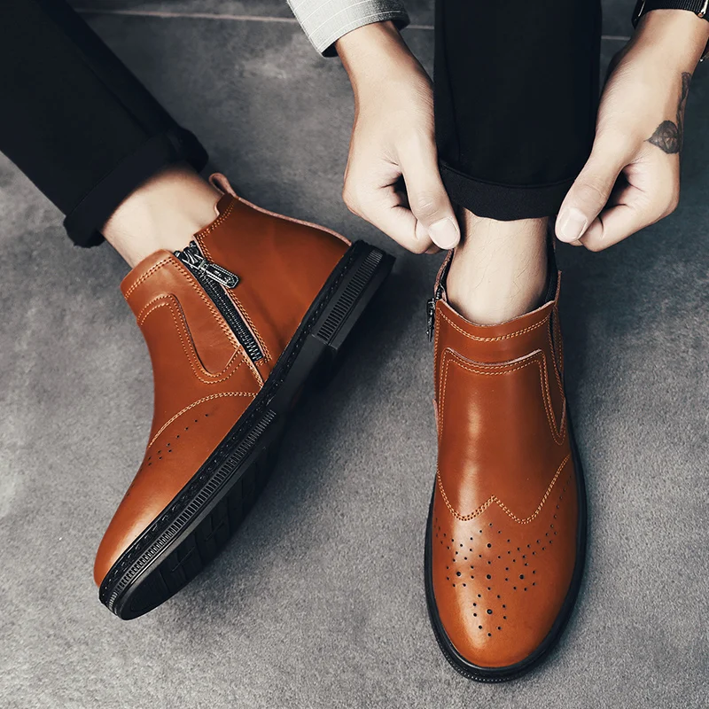 Мужские Ботильоны из натуральной кожи плиссированные мотоботинки высокие