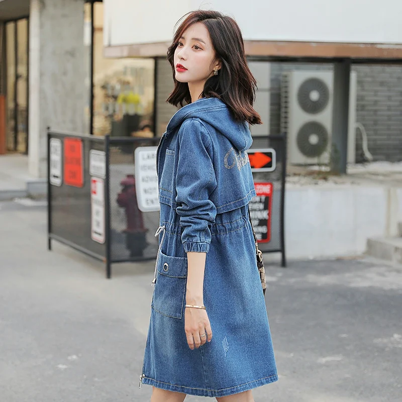 Женский джинсовый Тренч с капюшоном Повседневная Свободная ветровка бойфренда в