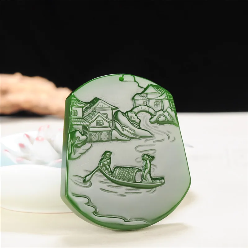 Китайский природный пейзаж зеленый нефрит кулон ожерелье ручной резной Шарм