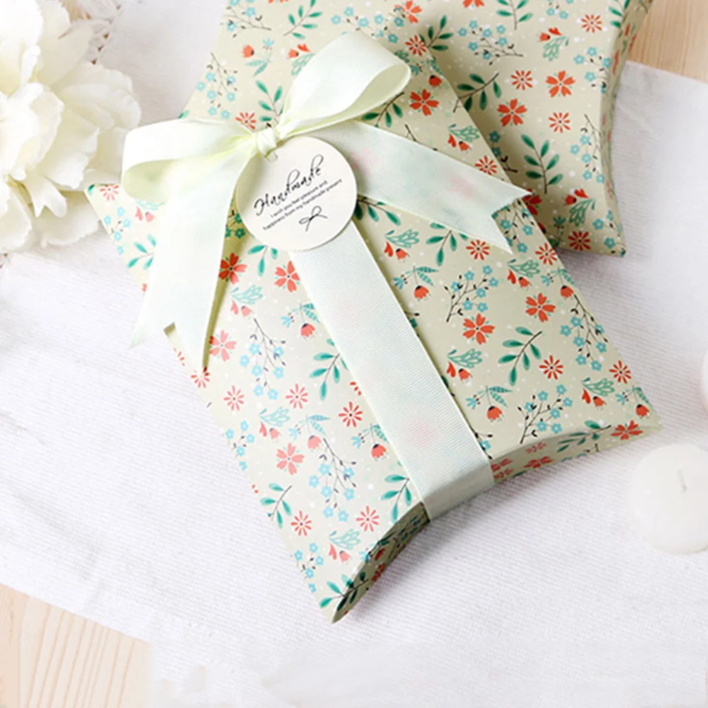 

50pcs Candy Box Paper Gift Boxes Ribbon Wedding Party Favors Bags Decoration Fresh Floral Pillow Paper Box Supplies