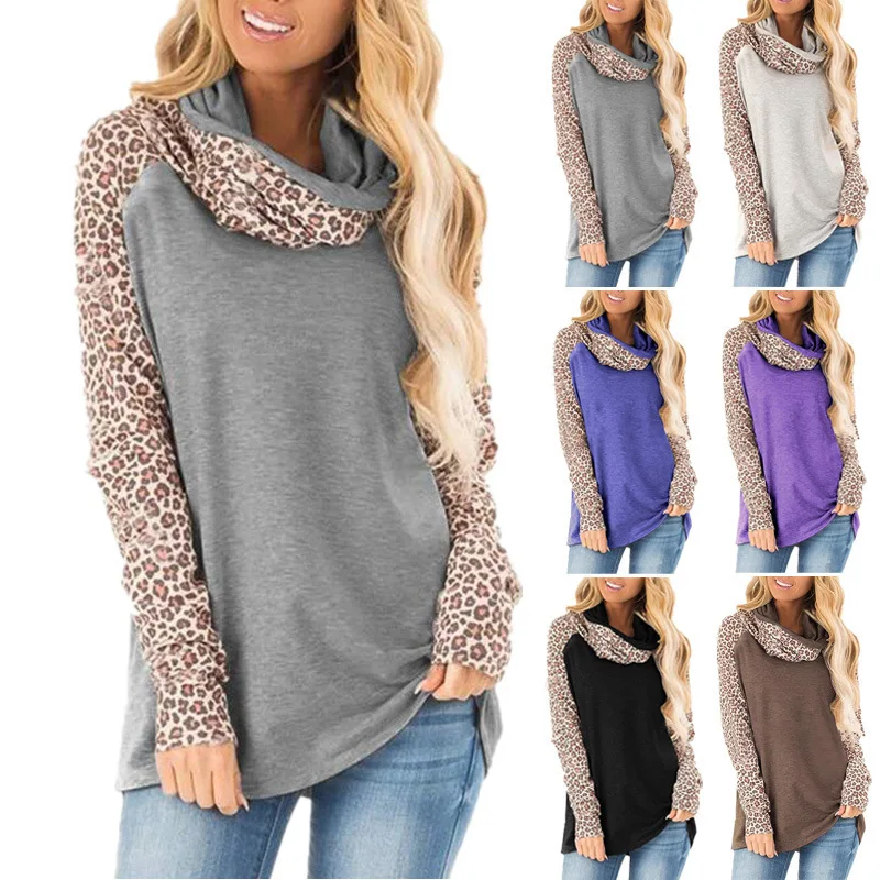 

Streetwear Leopard Splicing Printed Long-Sleeved Tops Garment Scarf Neck T-shirt 2020 Autumn T-shirt Casual Loose Woman Clothes