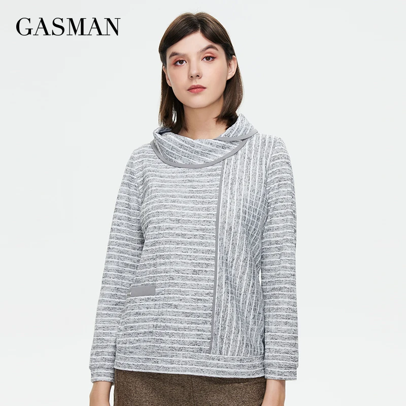 

GASMAN Autumn Women blouse plus size stripe grey Standing collar pocket Three quarters sleeve Elegant Fashion Splicing 5218