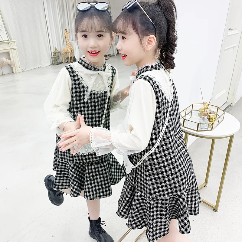 

Lace Patchwork Baby Girls Plaid Dresses Cute Long Sleeve Kids Bow Princess Dresses Fashion Children Clothes for 6 8 10 12 Years