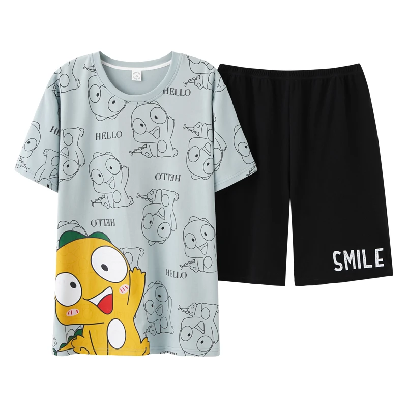 

Nightwear Short Sleeve Men's T-Shirt Soft Casual Sleepwear Summer Men Pajamas Set Cartoon Little Dinosaur Print Cotton Plus Size