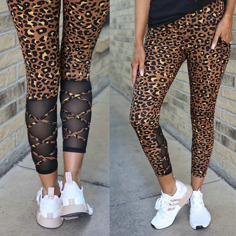 

Women Pencil Pant Sexy Leopard Print Mesh Patchwork Cross Strap Decor See Through High Wasit Bodycon Long Trouser Female Joggers