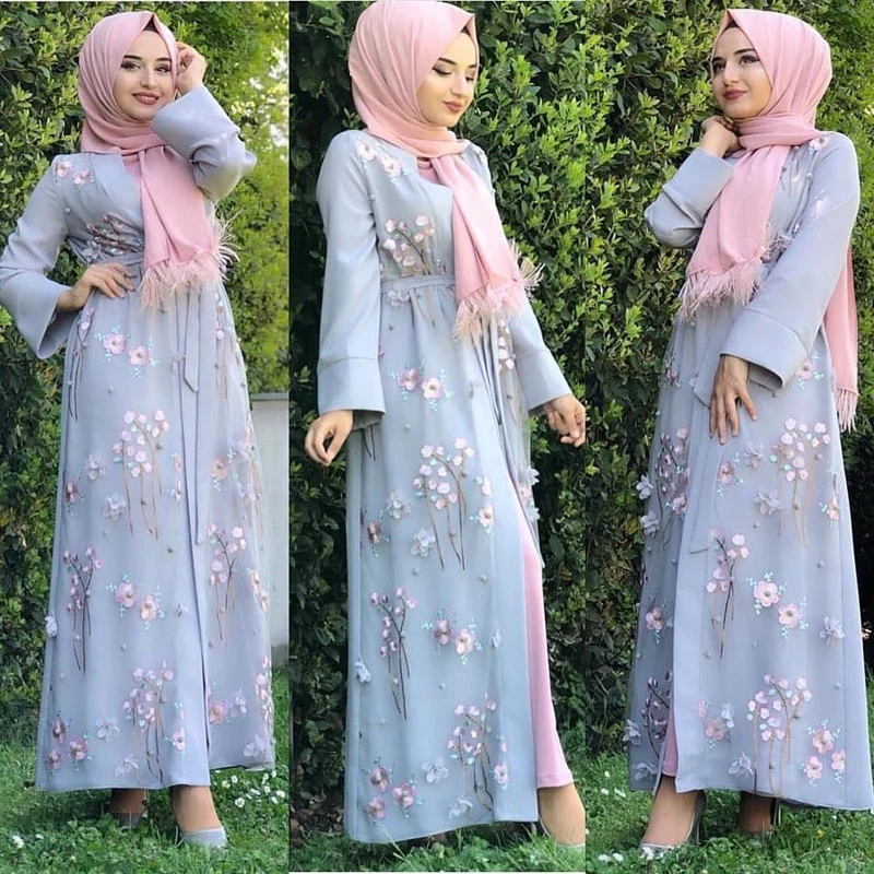 Женское платье абайя, тонкое однотонное Макси-кардиган с цветочной вышивкой и длинным рукавом, на завязках, платье в мусульманском стиле, Ду...