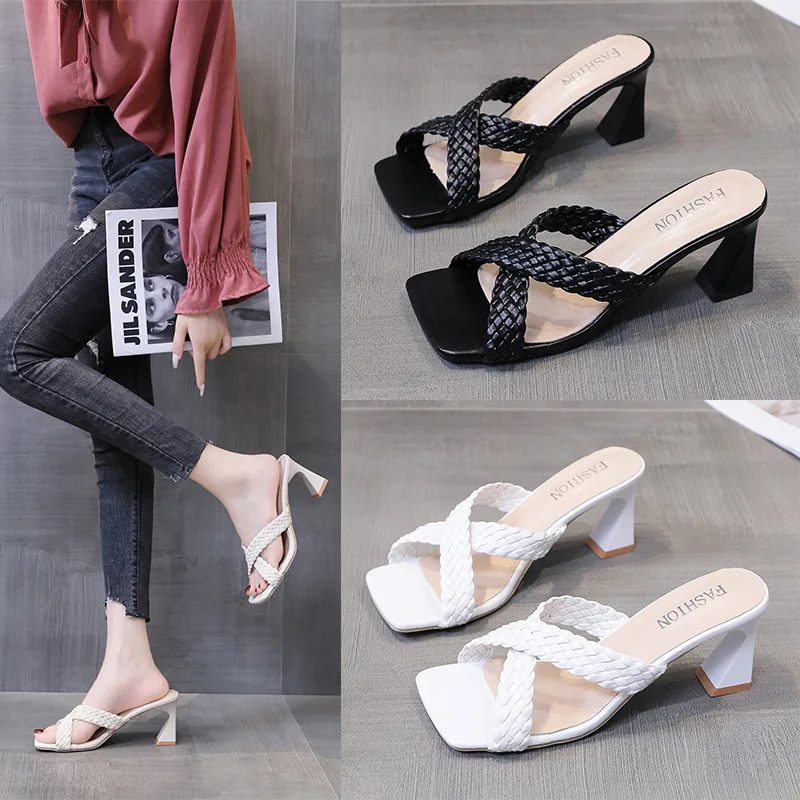 

Woven Sandals and Slippers Women's High Heels Summer 2021 7.5cm Thick-heeled Women's Pumps Shoes Party Casual Females Slippers