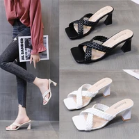 woven sandals and slippers womens high heels summer 2021 7 5cm thick heeled womens pumps shoes party casual females slippers
