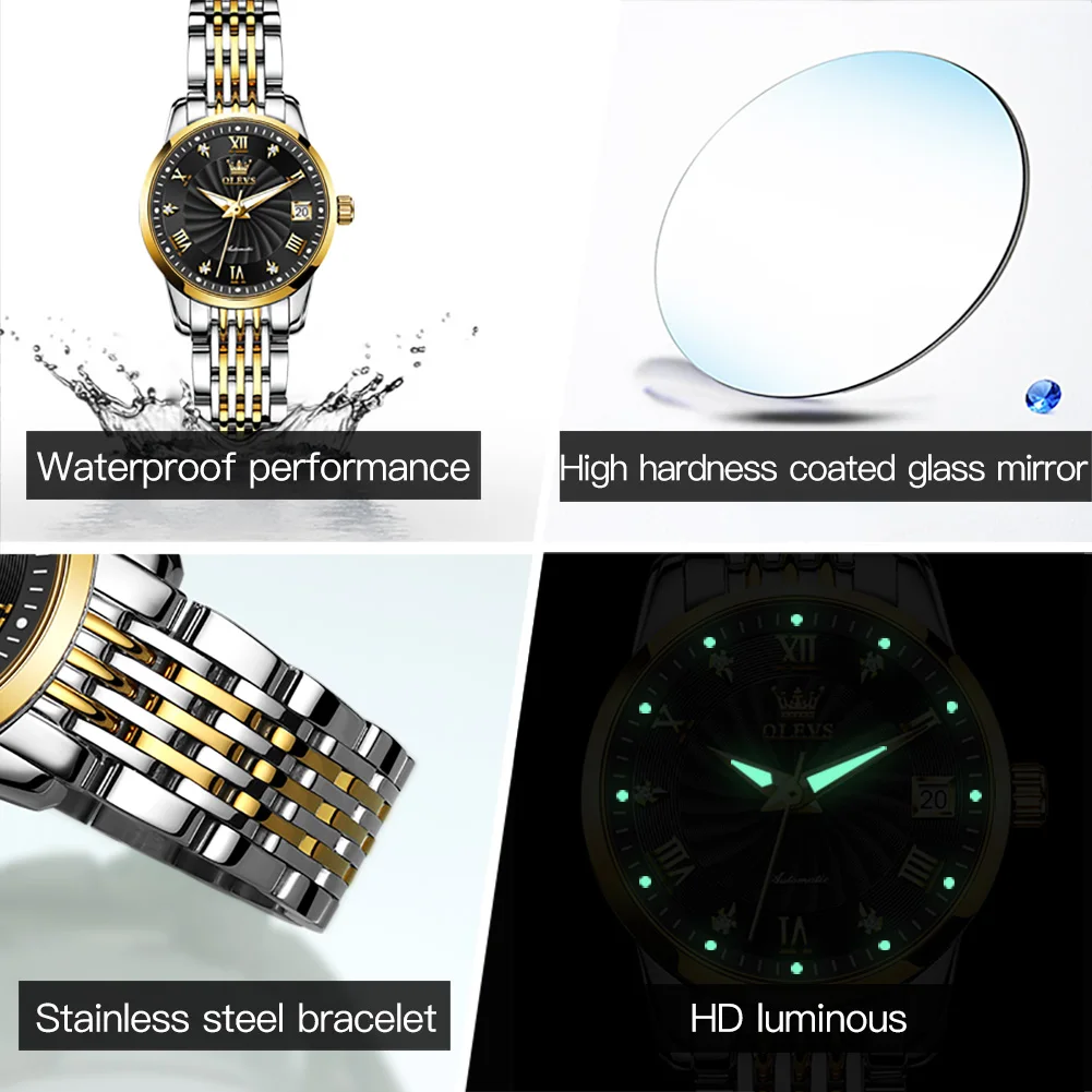 OLEVS Luxury Mechanical Watches Women Automatic Watch Stainless Steel Watchband Fashion Waterproof Ladies Clock Reloj de mujer enlarge