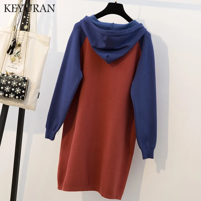 Осень Зима 4XL женское трикотажное лоскутное платье с капюшоном 2019 Свободный