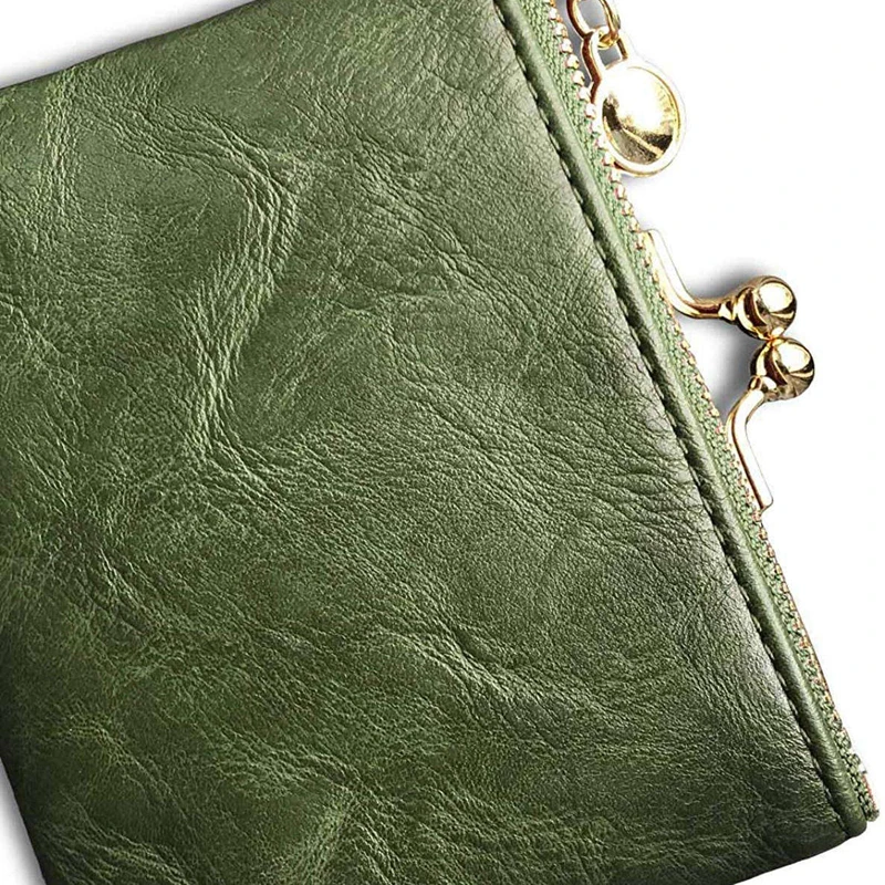 

Women's Wallet Short Bifold Retro Multifunction Coin Purse with Zip and Kiss Lock Green
