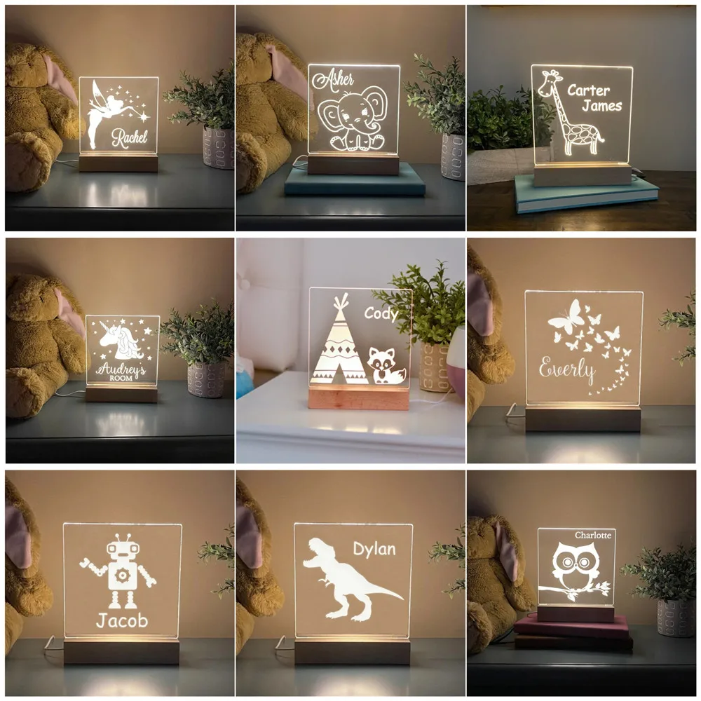 

Personalized Animal Butterfly Unicorn Elves Dinosaur LED USB Night Light Custom Names Acrylic Lamp For Children Home Decoration