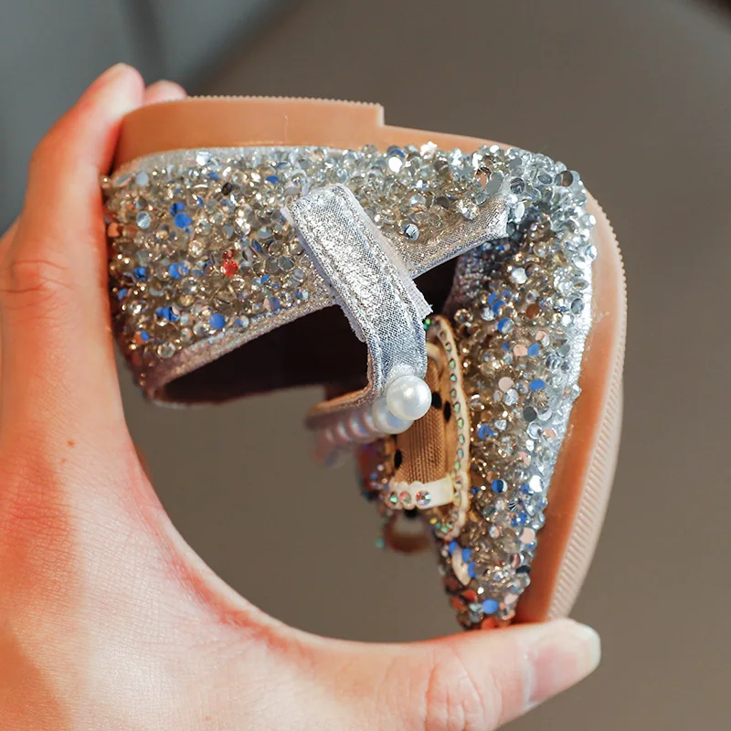 

Girls Leather Shoes Crystal Shoes for Wedding Party Princess Rhinestone Kids Flats Children's Dress Shoes Pearls Beading Bowtie