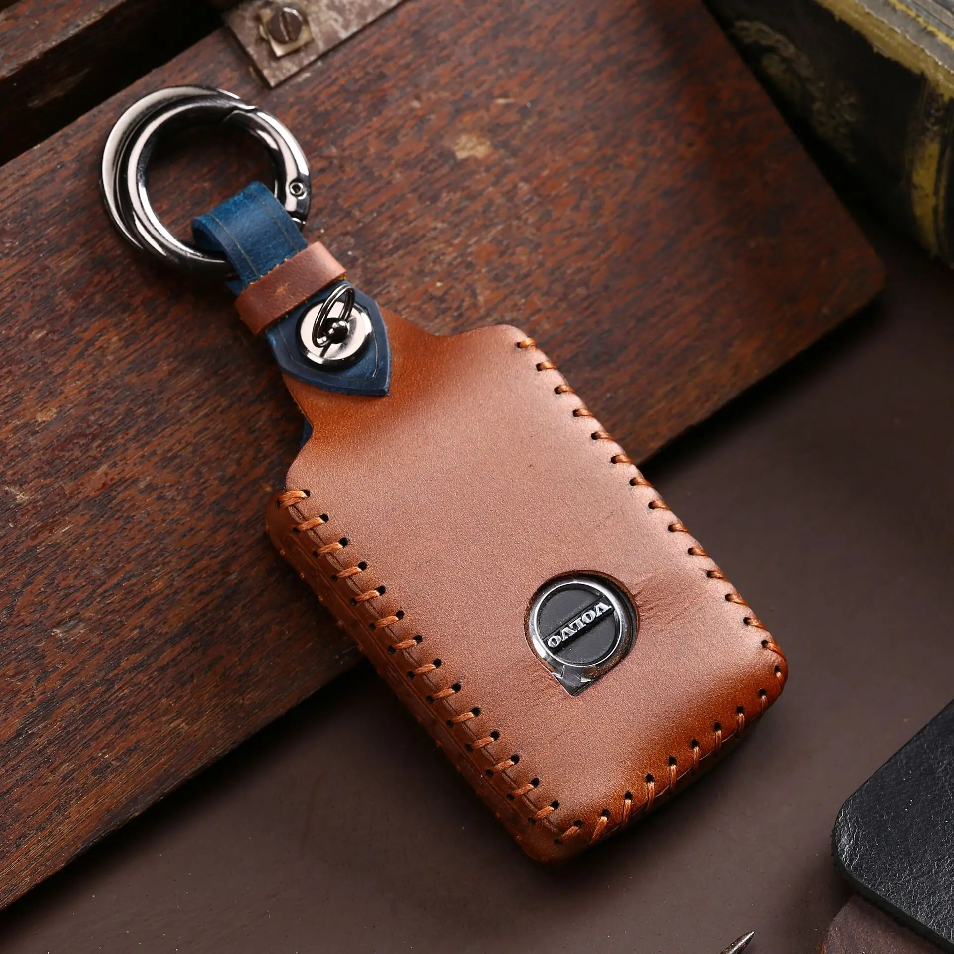 

Brown Luxury Genuine Leather Key Holder Case Cover for Volvo XC60 XC90 S60 S90 Car Accessories Keychain