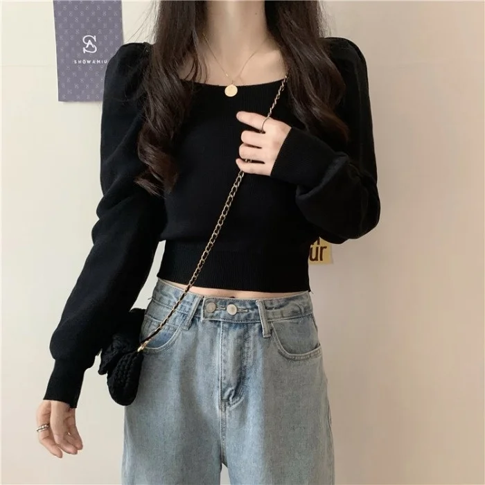 

Long Sleeve Shirt Women Style Square Collar Exposed Collarbone Sweater Ins Fashion Top Design Sense Of Minority Long Sleeve