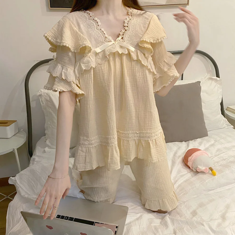 Court Style Lace Ruffle Nightgown Home Wear 2021 Summer New Retro Pajamas Women's V-neck Short Sleeve Female Sleepwear Nightwear
