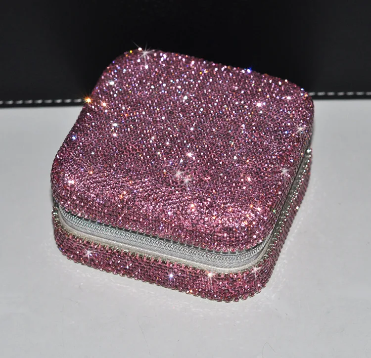 

Creative Design Mini Jewelry Box Luxury Rhinestone Blue Purple Silver AA Crystal jewel Organizer Ring Earrings Storage Case