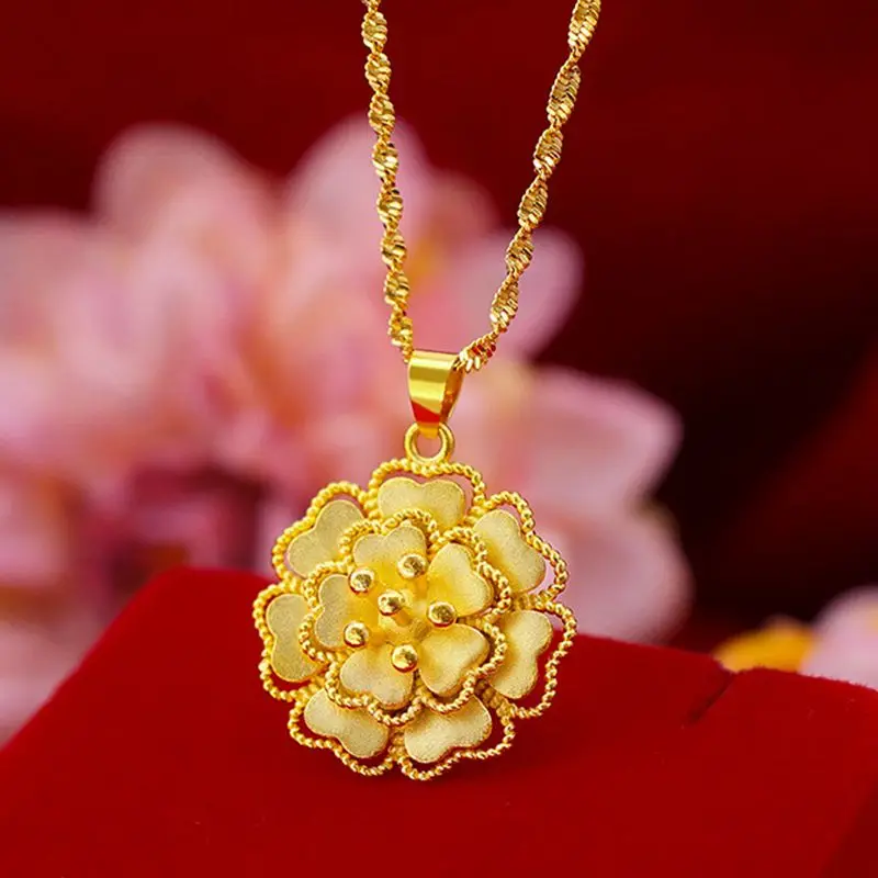 Heart Flower Pendant Chain Charm Jewelry Yellow Gold Filled Beautiful Women Accessories