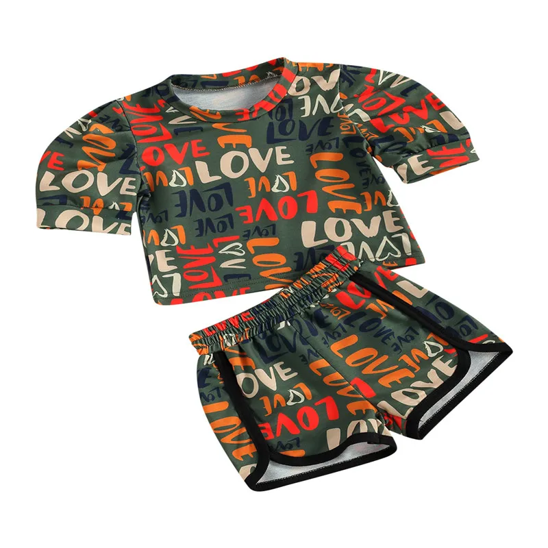 

Girl\u2019s Printed 2Pcs Clothes Set, Fashion Short Puff Sleeve Round Neck Short T-short Tops with Elastic Short Pants