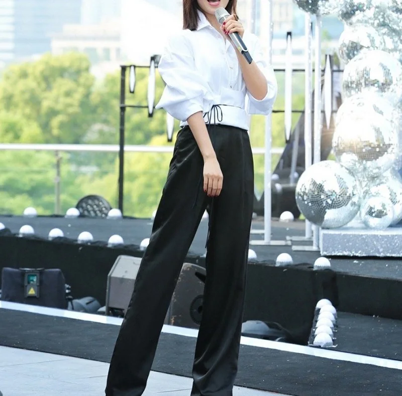 

High Quality Pant Suits 2020 Summer Business Set Women Turn-down Collar Long Sleeve White Shirt+High Waist Black Pant Sets 2 Pcs