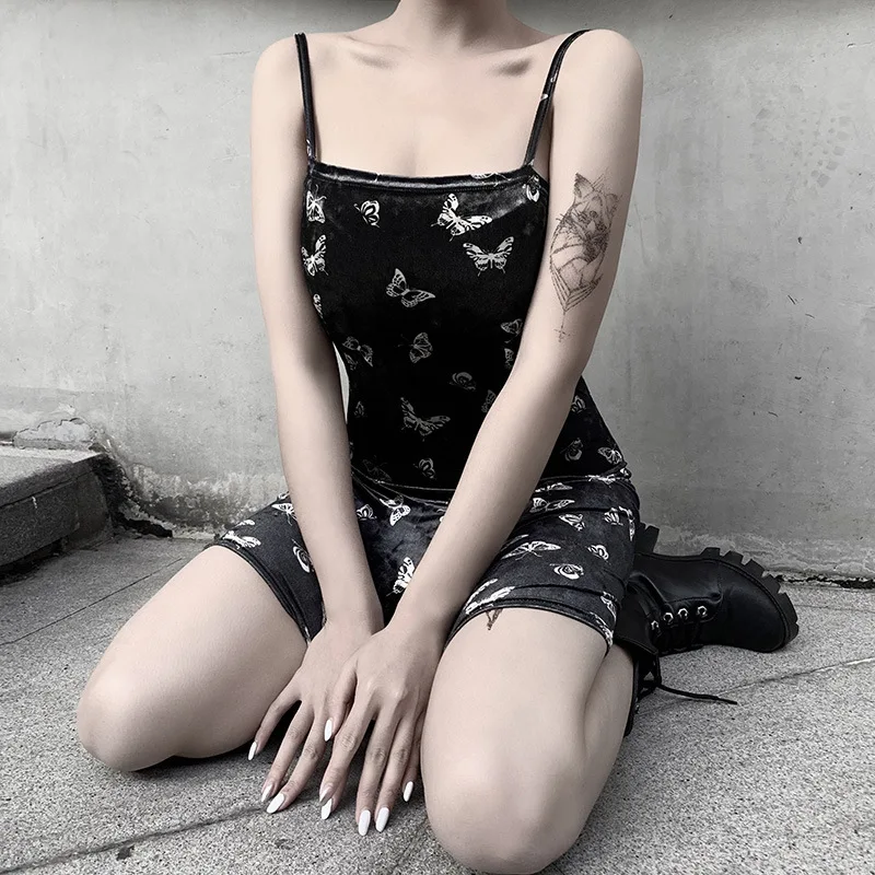Женское платье на бретельках Goth Dark, черное готическое платье с открытой спиной и плечами, модное повседневное сексуальное платье с принтом, в стиле Харадзюку