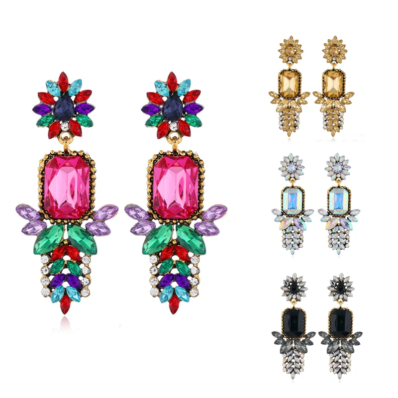 

Bright Square Gemstone Earrings Exaggerated European American Glass Crystal Jewelry Geometric Ethnic Rhinestone Earrings серьги