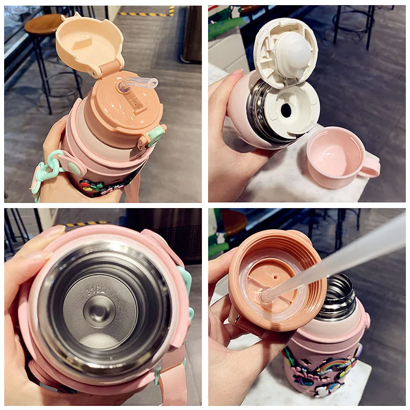 550 мл креативная нержавеющая стальная термосная бутылка с крышкой-соломинкой милый детский тумблер школьный термос с вакуумным флаконом воды с ремешком.