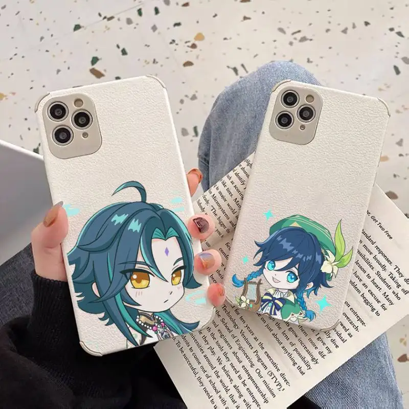 

Genshin impact game cute cartoon Phone Case Lambskin Leather For iphone 12 11 8 7 6 XR X XS PLUS MINI PLUS PRO MAX Shockproof