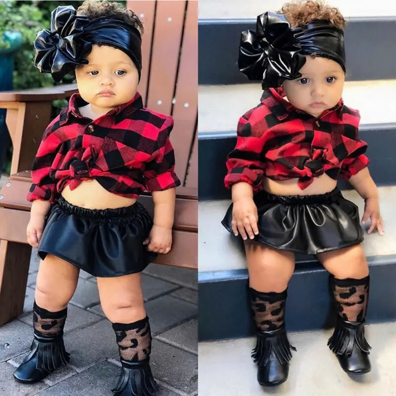 

Classic black red plaid tops Christmas outfits Fashion Newborn Kids Baby Girl Xmas Clothes T-shirt Tops+Leather Skirt Dress Set