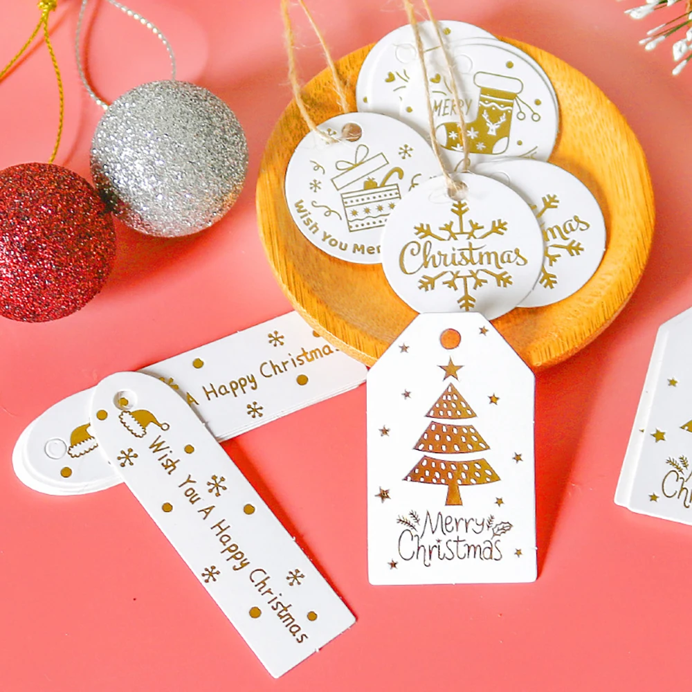 

50PCS Christmas Gold Kraft Paper Tags DIY Crafts Hang Tag with Rope Labels Gift Wrapping Supplies Wedding Favors Christmas Decor
