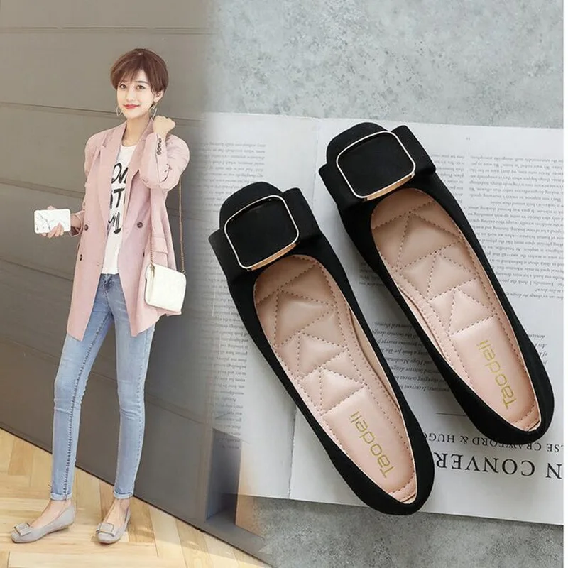Womens Flat Shoes 2021 Spring Soft Square Toe Ballet Flats Square Buckle Comfort Slip on Flat Shoes Woman 31-45
