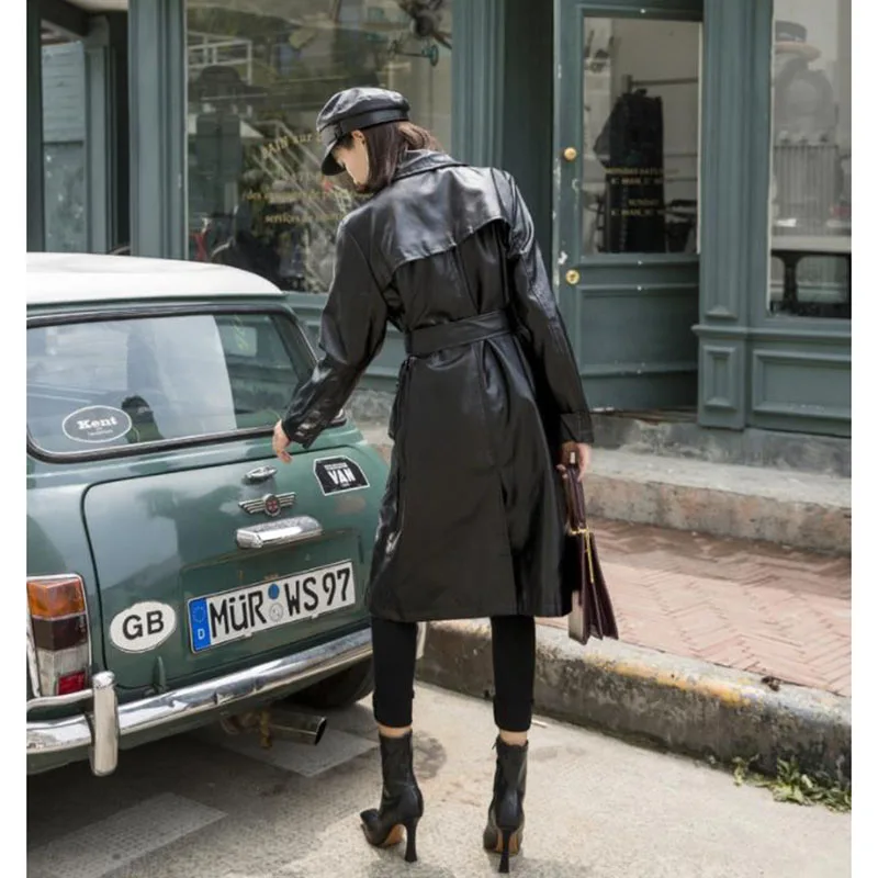 Женская куртка из искусственной кожи осень-зима 2019 женский тренчкот с поясом