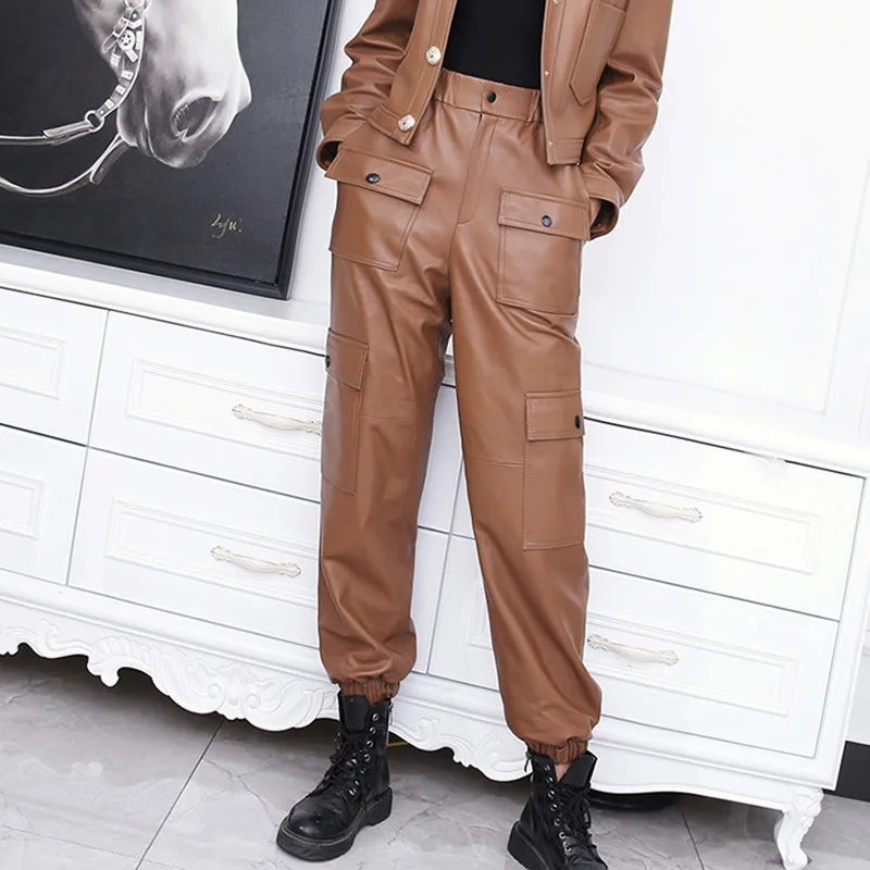 2021 Factory New Arrival Women  Genuine   Leather  Pants,Cargo Pants  With Big Pockets