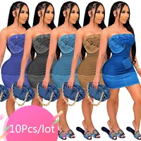 wholesale items for business sexy strapless fake jean print mini dresses new chic summer party club outfits bodycon pencil dress