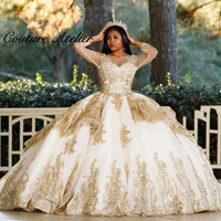 champagne long sleeve ball gown quinceanera dresses formal prom graduation gowns lace up princess sweet 16 dress vestidos de 15