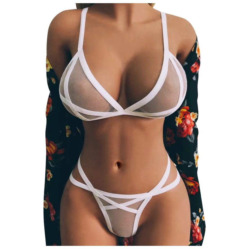 

2Pcs Women Lace Lingerie Thong Set Sexy Lingerie Corset Solid Mesh Underwire Sleepwear Perspective Underwear Suit L921