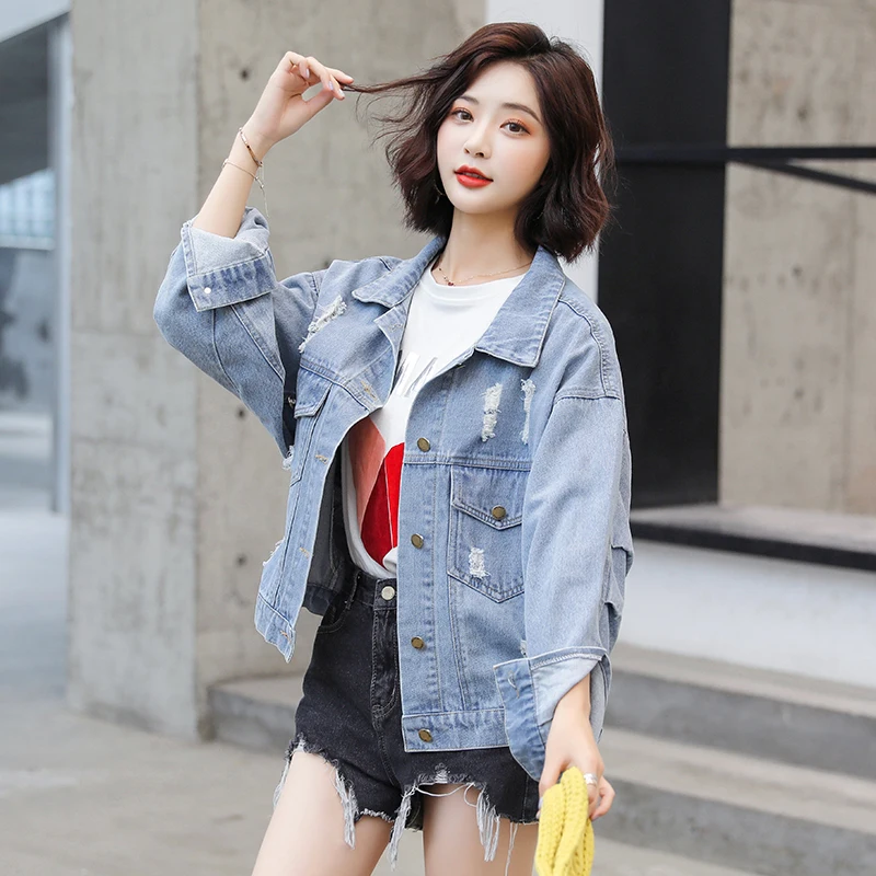 Женская джинсовая куртка с потертостями Короткая свободная Куртка Harajuku Chaquetas Mujer