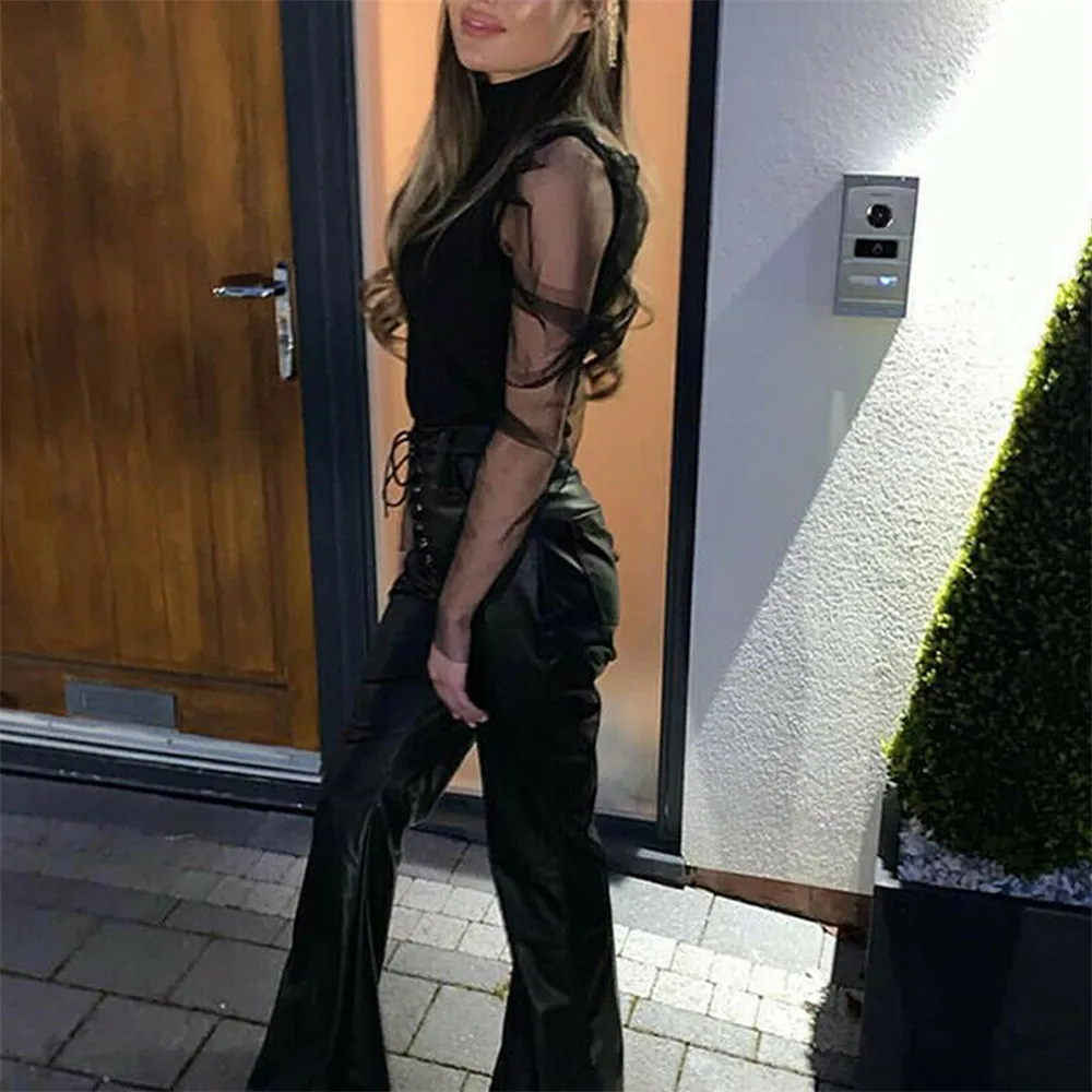 2019 Элегантный женский прозрачный сетчатый топ с пышными длинными рукавами для