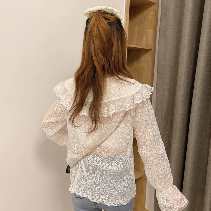

Mesh Lace Long Sleeve Blouse White Bottoming Kawaii Shirts Cheap Women Clothes 2021 Spring Summer Ruffled Peter Pan Collar Top