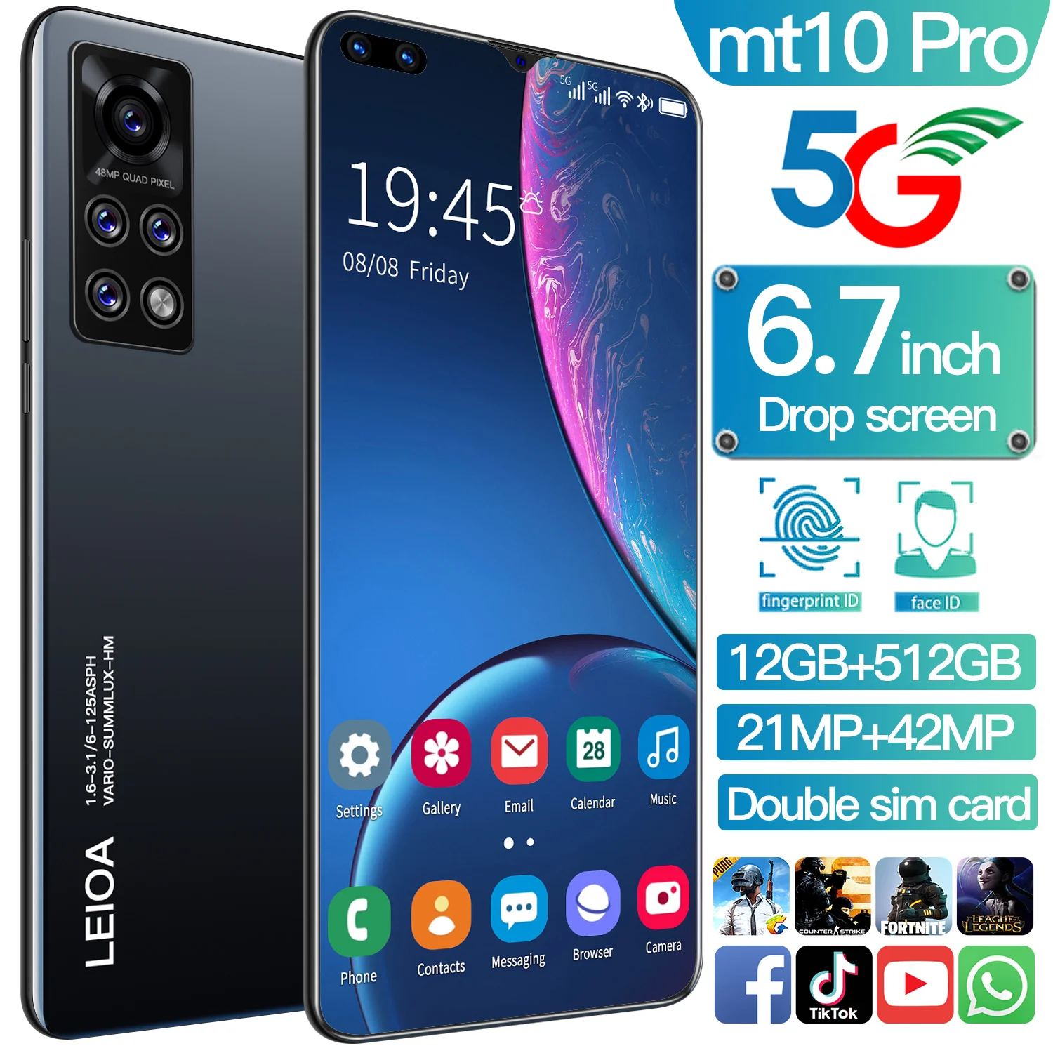 

New Arrival Mt10 Pro 2021 Smart Phone 4800mAh 21+42MP 10 Core 6.7 Inch 12+512GB Full Screen Global Version 5G Network Cellphones