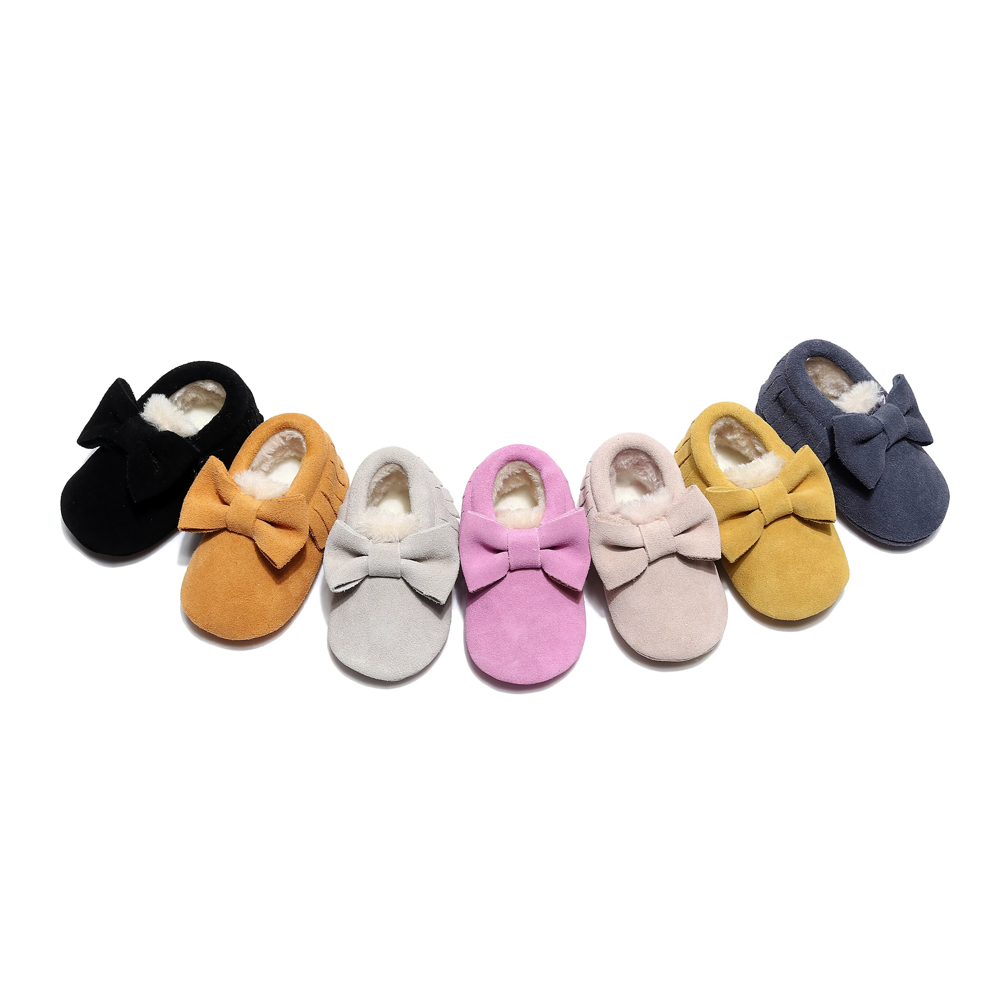 

New Winter Children chamois Shoes Genuine Leather Party Baby Shoes Infant Toddler Moccasins Bow Fringe Hard Rubber