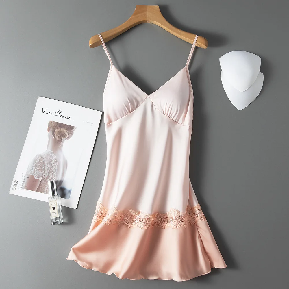 

Pink Sleeveless Nightgown Women Spaghetti Strap Sleepwear Satin Sleep Dress Summer V-neck Nightdress Femme Nightwear Home Dress