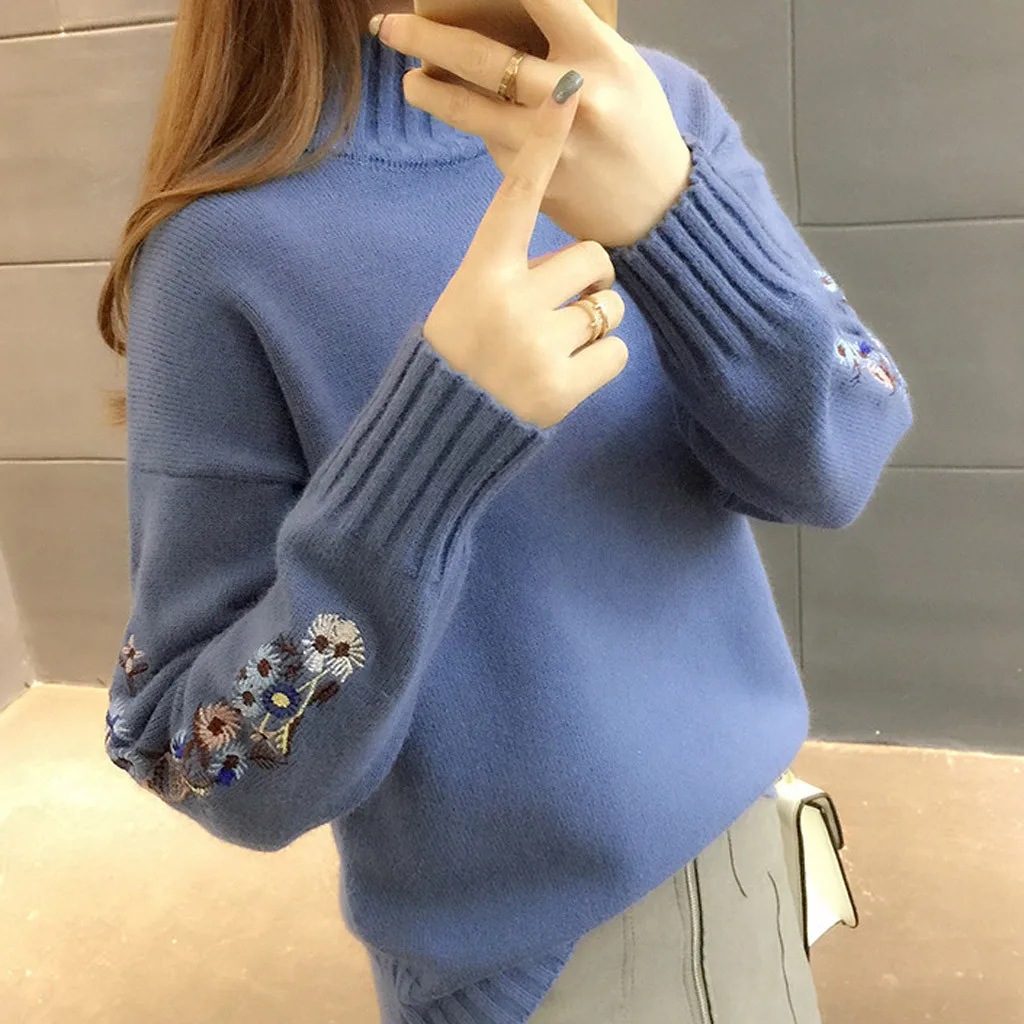 New Loose Thick Warm Winter Pullover Sweater Women Embroidery Jumper Half Turtleneck Long Sleeve Knit Yellow Sweater Female