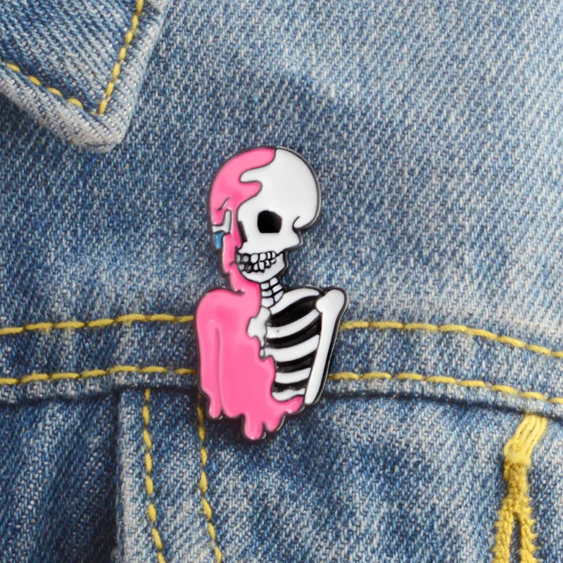 

Gothic Jewelry Pink skeleton Enamel Pin Punk cool skull brooch Lapel Pin Simple icons Pins Button Badge Cartoon