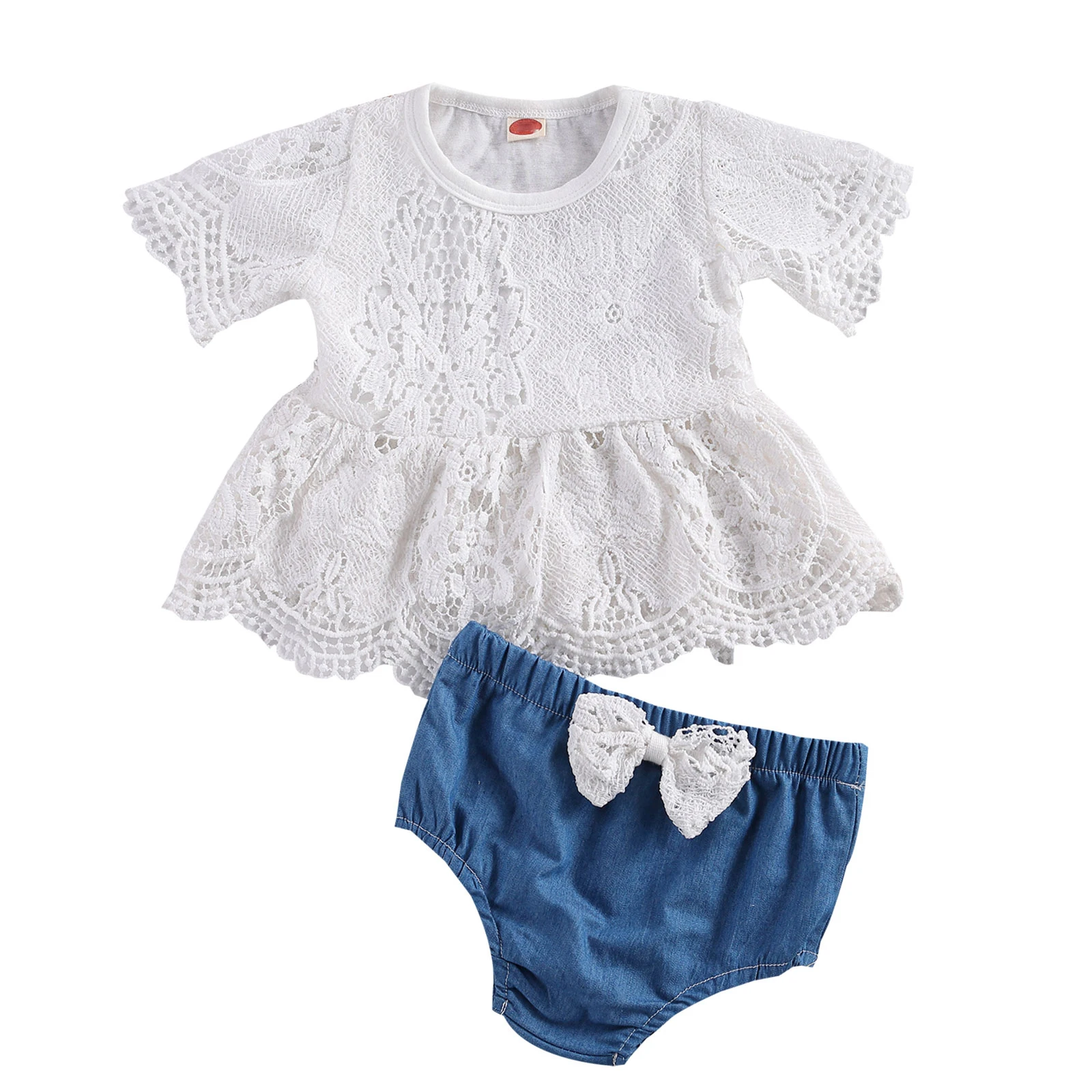 

0-24M Sweet Toddler Baby Girls Casual Clothes Sets Summer Round Neck Flower Lace Babydoll White Tops+Bow Short Pant Outfits