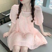 2021 new summer fairy korean seersucker u neck skirt with loose temperament and a line dress trend dress elegant puff sleeve